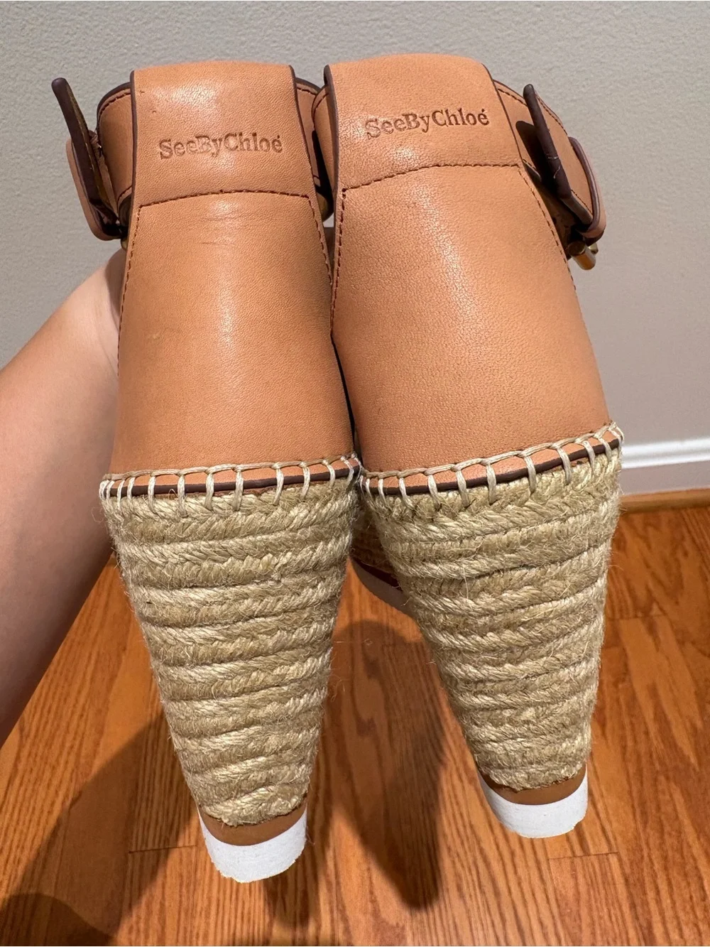 New See by Chloé Glyn Leather & Canvas Platform Espadrille Wedge Sandals Sz 38
